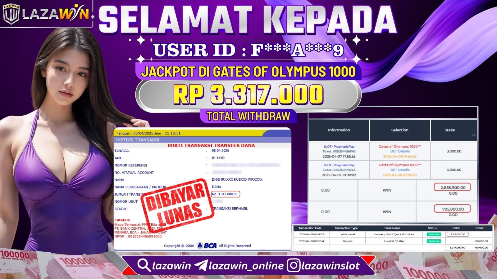 LAZAWIN JACKPOT di SLOT GATES OF OLYMPUS 1000 Rp.3.317.000,- LUNAS