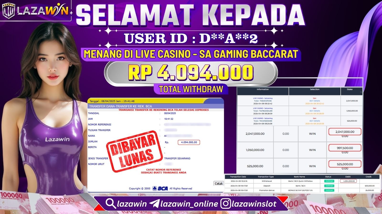 LAZAWIN MENANG di LIVE CASINO - SA GAMING BACCARAT Rp.4.094.000,- LUNAS