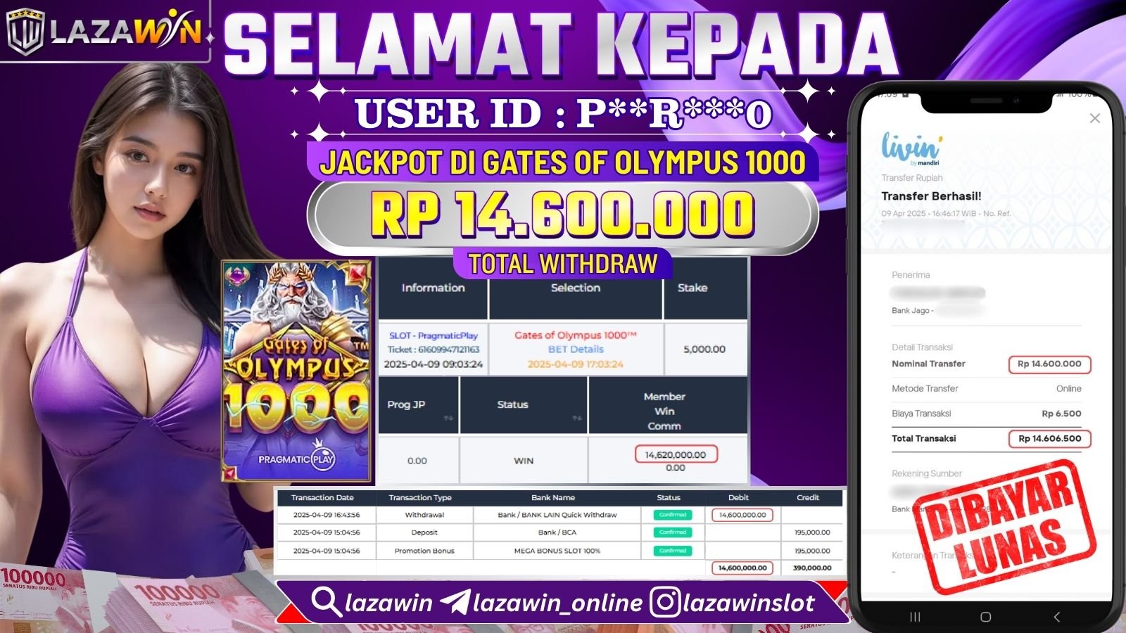 LAZAWIN JACKPOT di SLOT GATES OF OLYMPUS 1000 Rp.14.600.000,- LUNAS