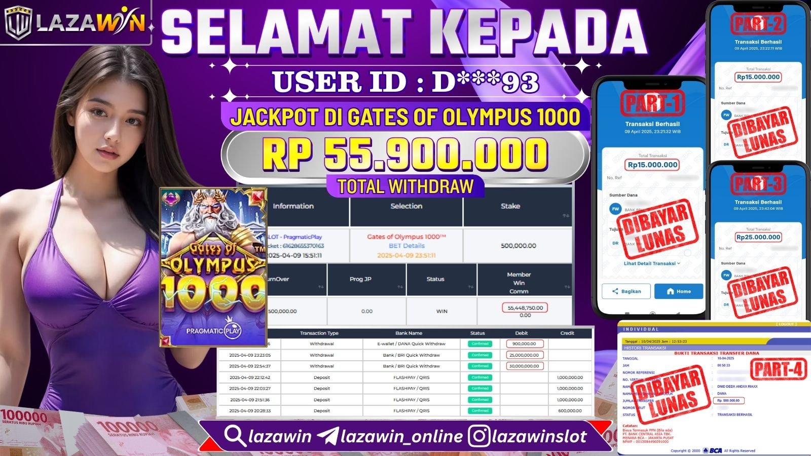 LAZAWIN JACKPOT di SLOT GATES OF OLYMPUS 1000 Rp.55.900.000,- LUNAS