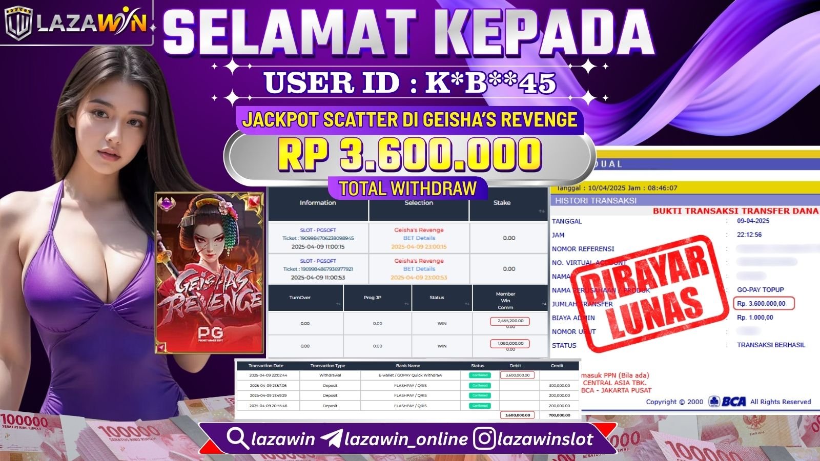 LAZAWIN JACKPOT di GEISHA’S REVENGE Rp.3.600.000,- LUNAS