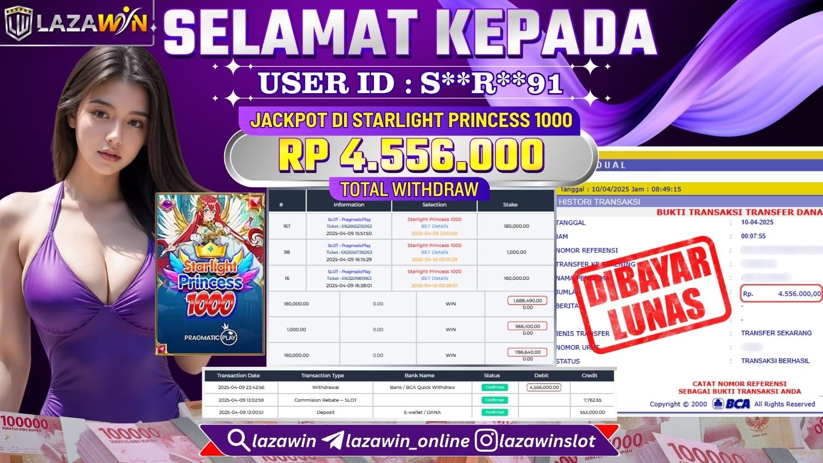 LAZAWIN JACKPOT di STARLIGHT PRINCESS 1000 Rp.4.556.000,- LUNAS