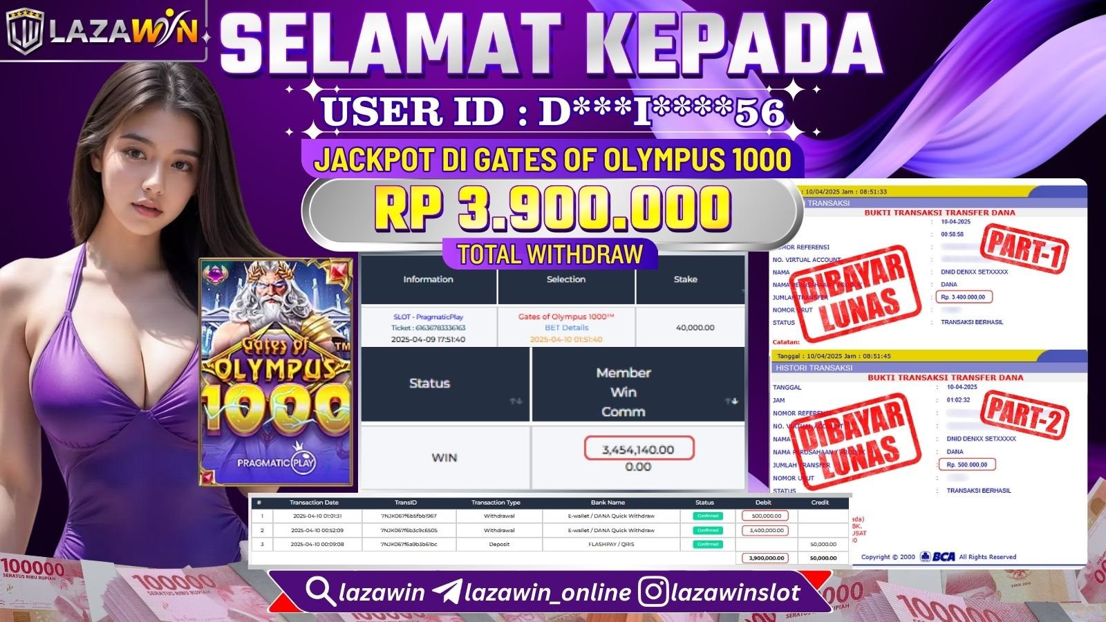 LAZAWIN JACKPOT di SLOT GATES OF OLYMPUS 1000 Rp.3.900.000,- LUNAS