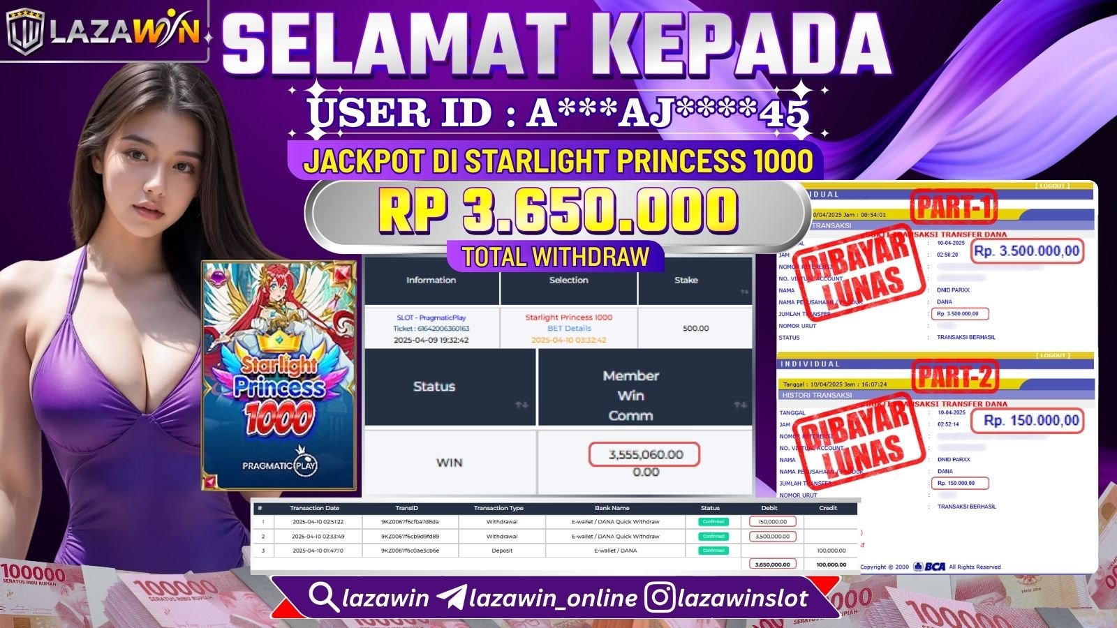 LAZAWIN JACKPOT di STARLIGHT PRINCESS 1000 Rp.3.650.000,- LUNAS