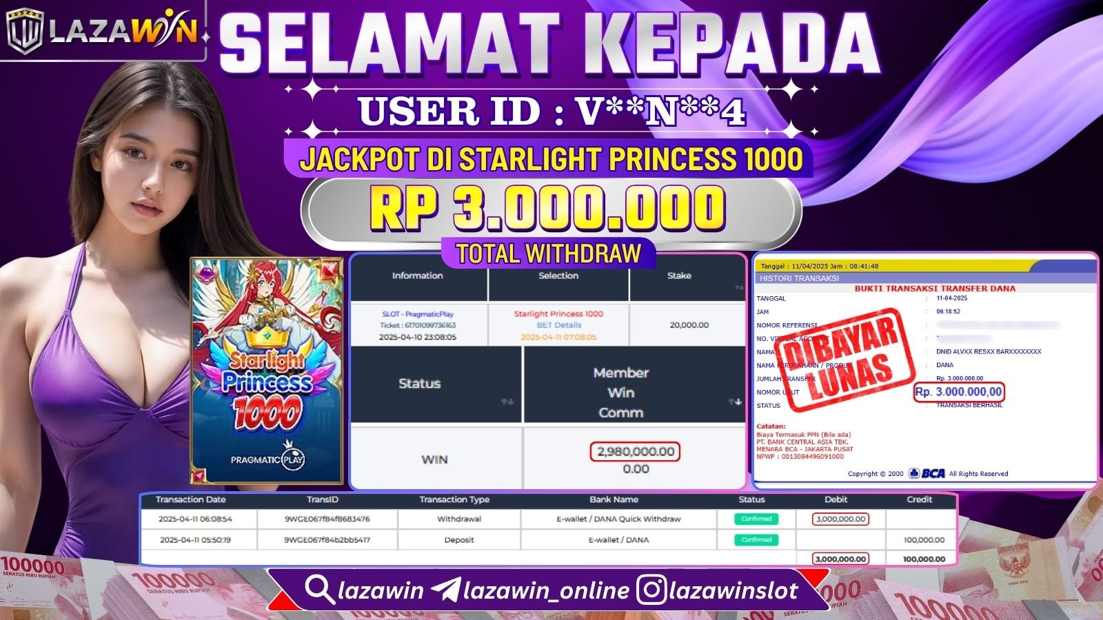 LAZAWIN JACKPOT di STARLIGHT PRINCESS 1000 Rp.3.000.000,- LUNAS