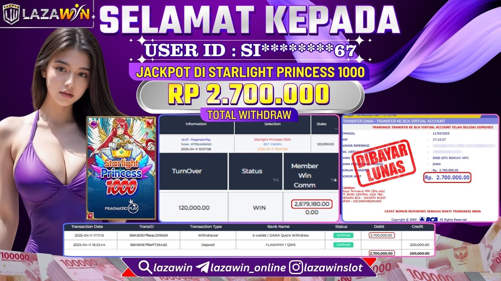 LAZAWIN JACKPOT di STARLIGHT PRINCESS 1000 Rp.2.700.000,- LUNAS