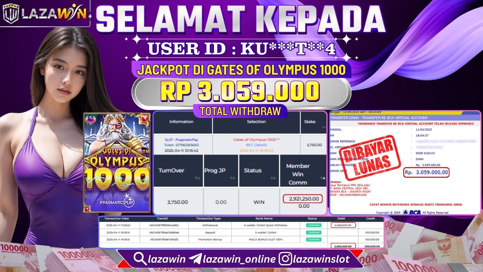 LAZAWIN JACKPOT di SLOT GATES OF OLYMPUS 1000 Rp.3.059.000,- LUNAS