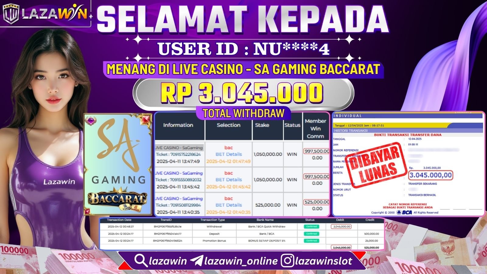 LAZAWIN MENANG di LIVE CASINO - SA GAMING BACCARAT Rp.3.045.000,- LUNAS