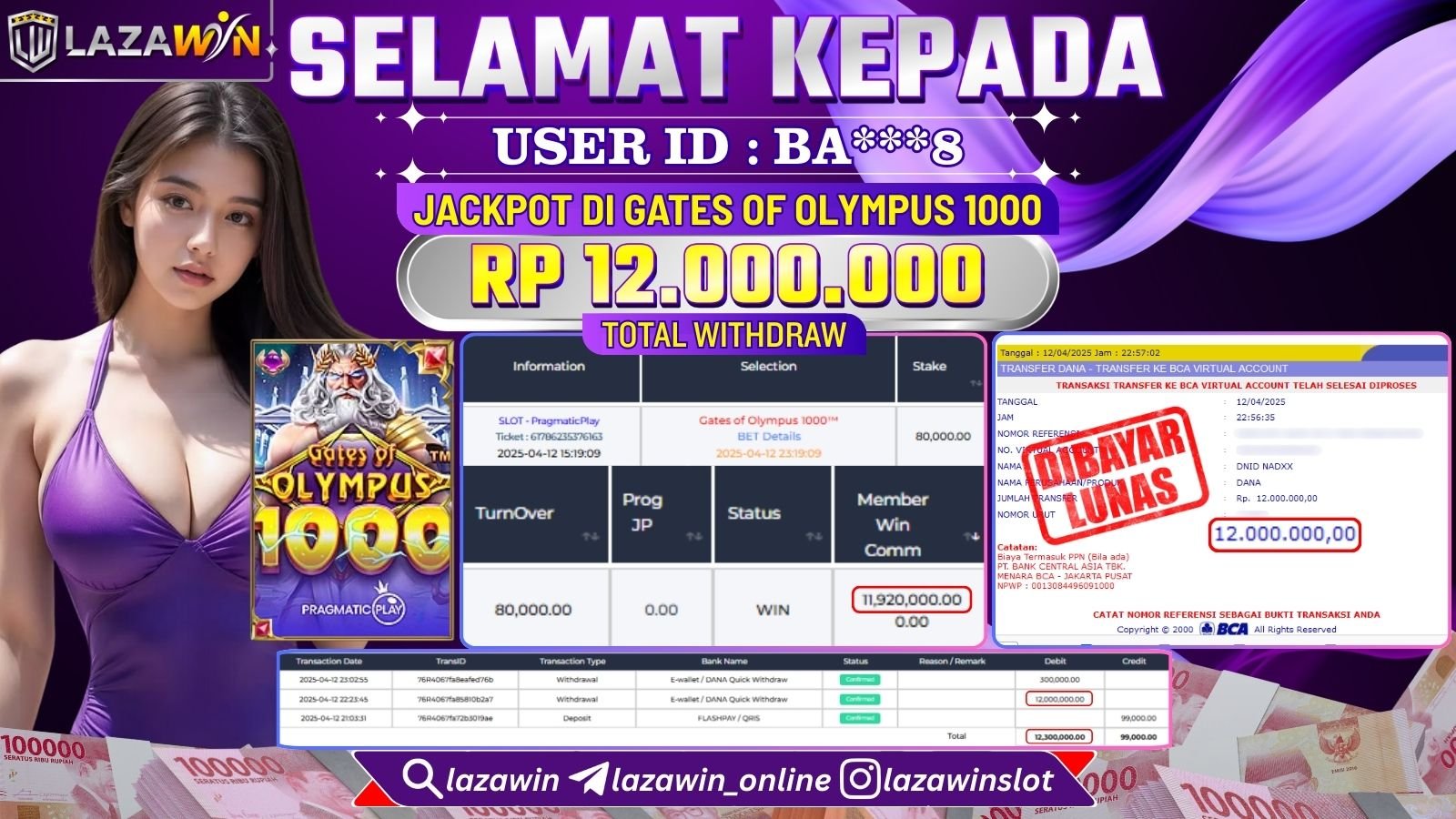 LAZAWIN JACKPOT di SLOT GATES OF OLYMPUS 1000 Rp.12.000.000,- LUNAS