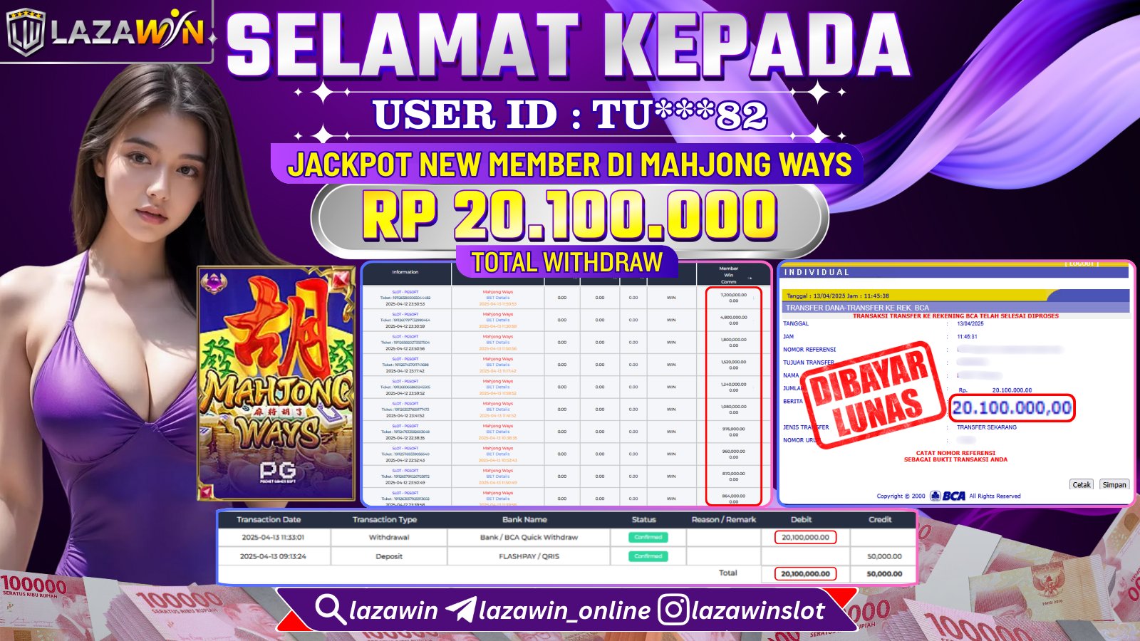 LAZAWIN JACKPOT NEW MEMBER di SLOT MAHJONG WAYS Rp.20.100.000,- LUNAS