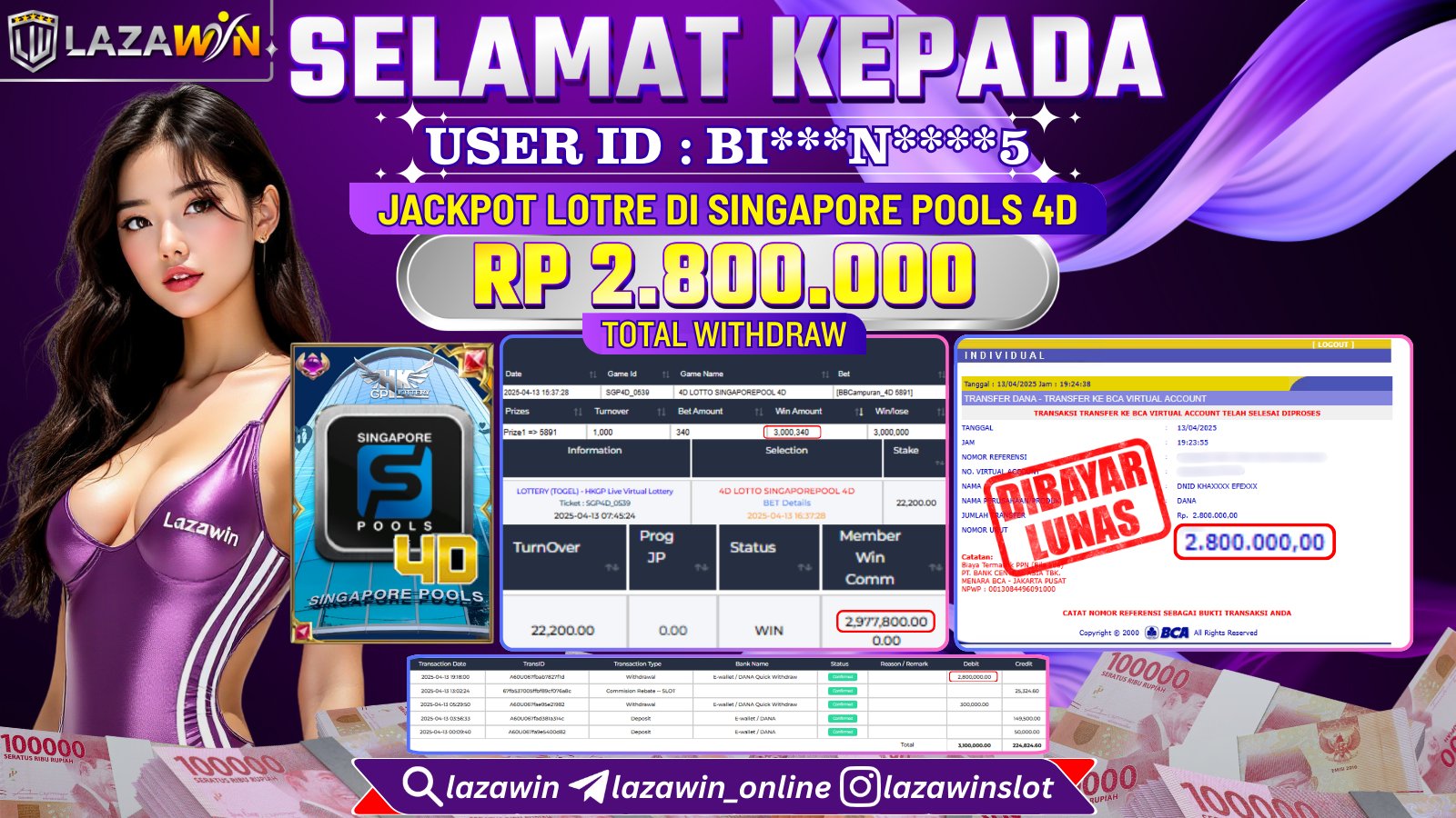 LAZAWIN JACKPOT LOTRE di SINGAPORE POOLS 4D Rp.2.800.000,- LUNAS