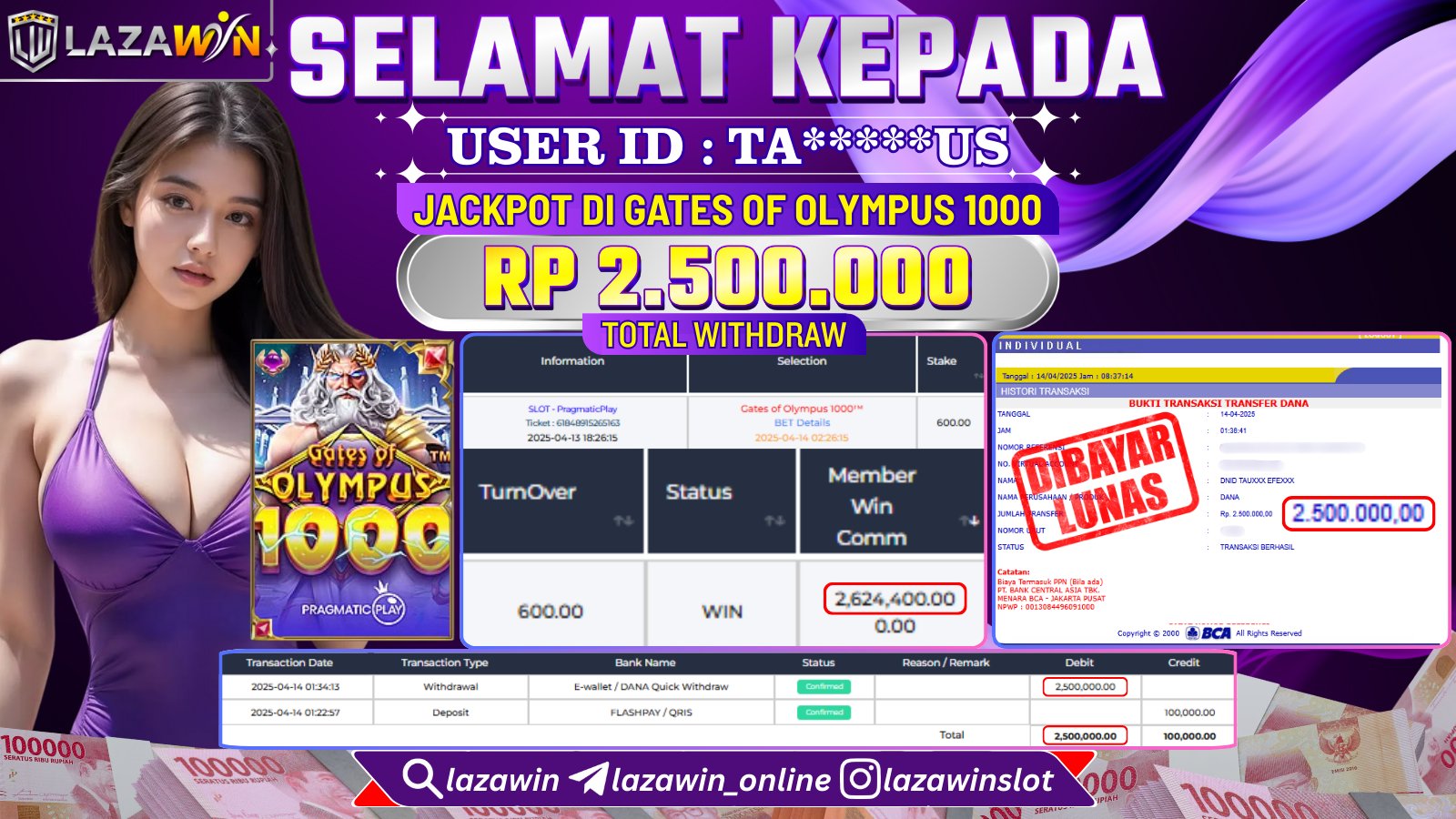 LAZAWIN JACKPOT di SLOT GATES OF OLYMPUS 1000 Rp.2.500.000,- LUNAS