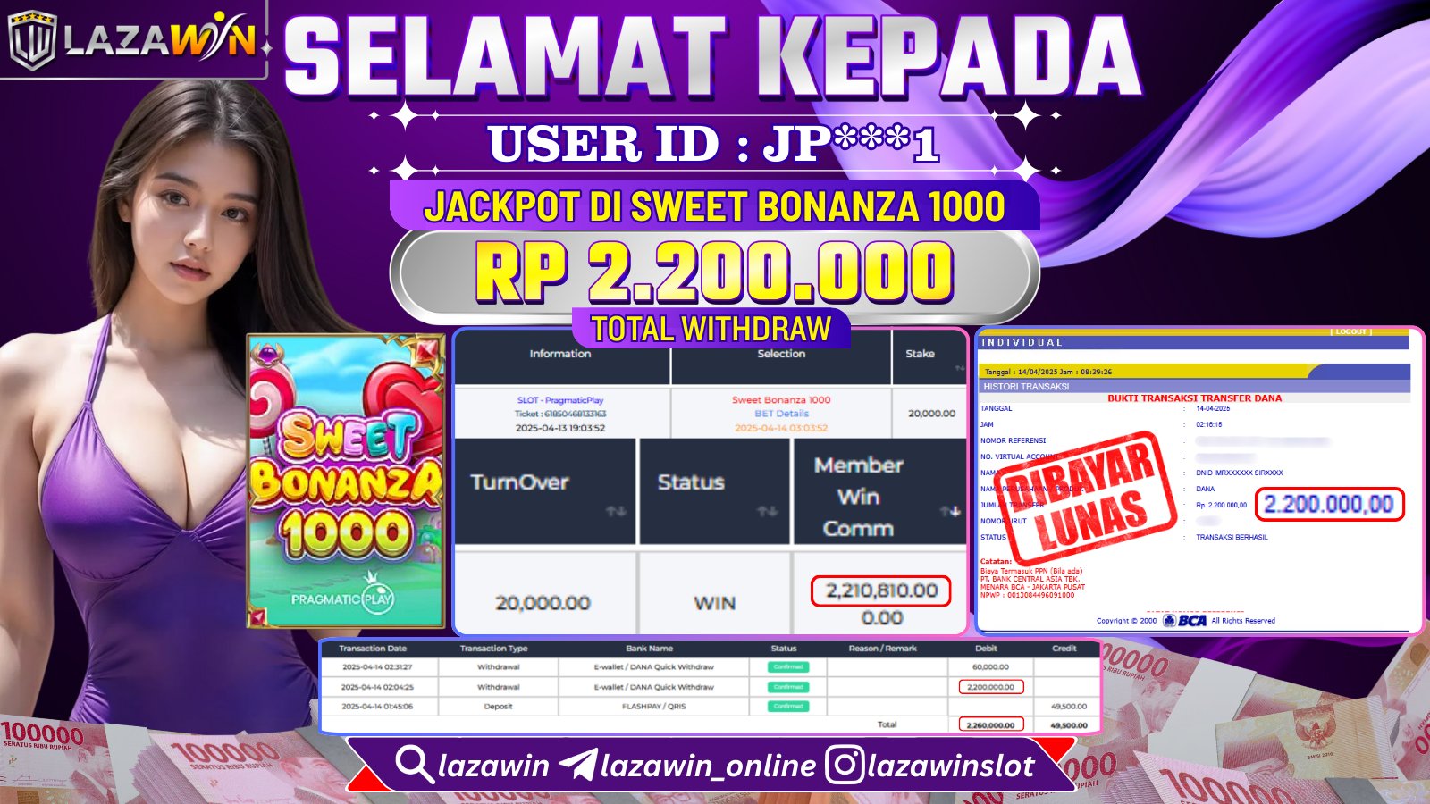 LAZAWIN JACKPOT di SLOT SWEET BONANZA 1000 Rp.2.200.000,- LUNAS