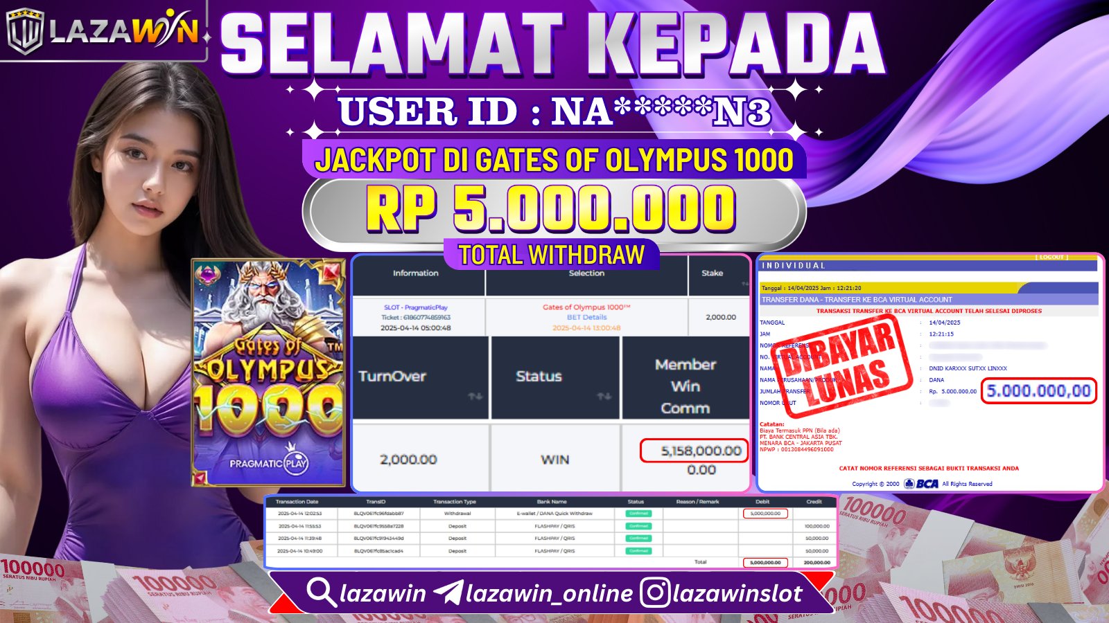 LAZAWIN JACKPOT di SLOT GATES OF OLYMPUS 1000 Rp.5.000.000,- LUNAS