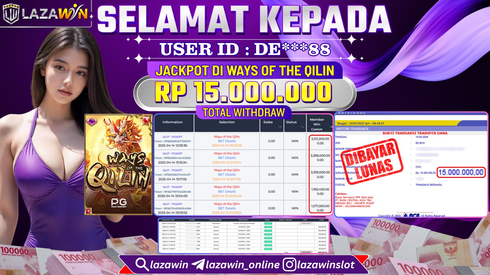 LAZAWIN JACKPOT di SLOT WAYS OF THE QILIN Rp.15.000.000,- LUNAS