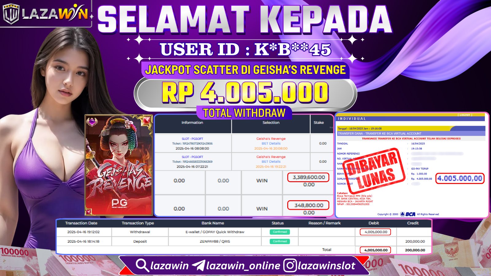 LAZAWIN JACKPOT di GEISHA’S REVENGE Rp.4.005.000,- LUNAS