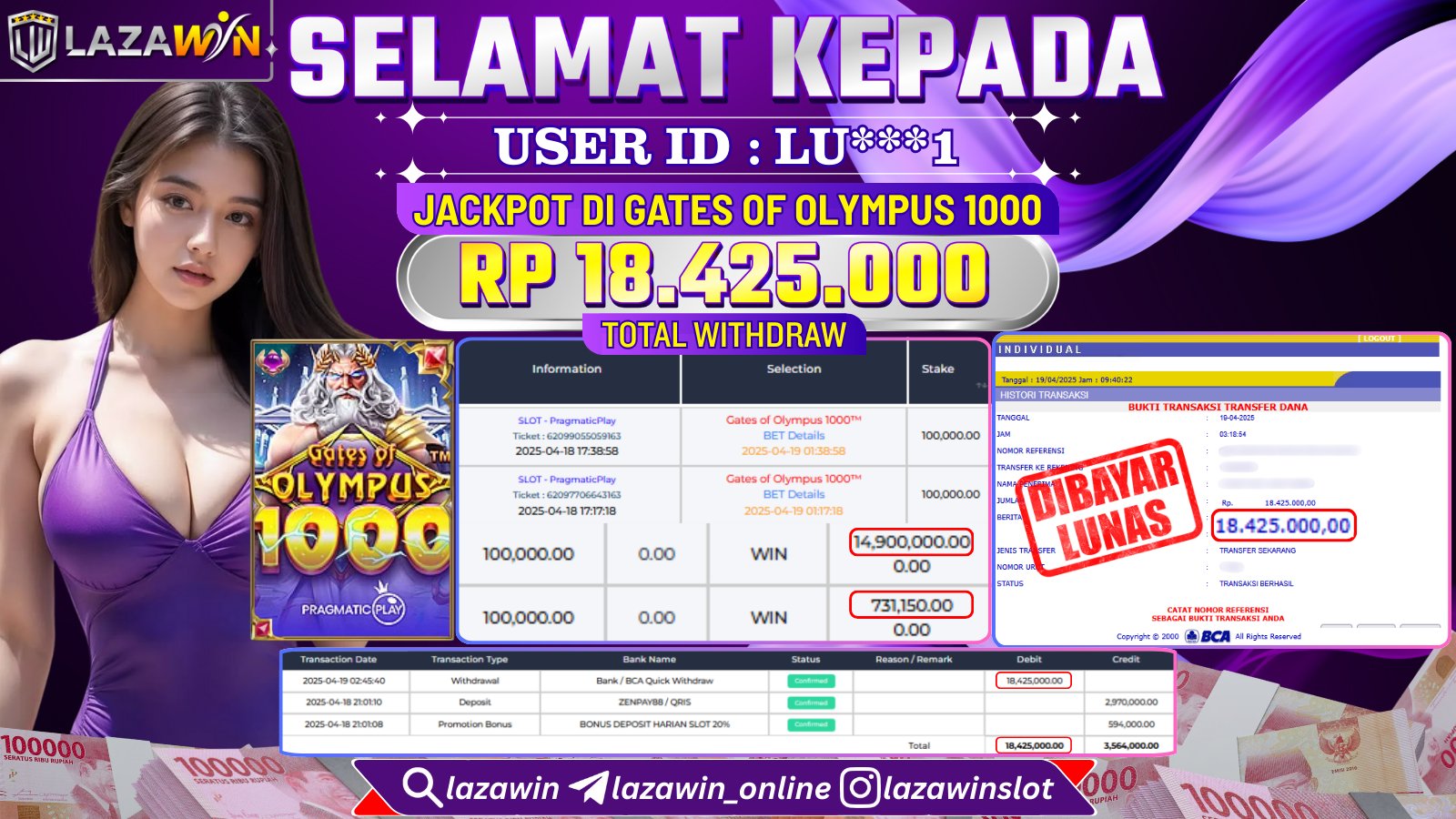 LAZAWIN JACKPOT di SLOT GATES OF OLYMPUS 1000 Rp.18.425.000,- LUNAS