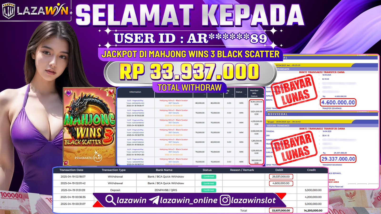 LAZAWIN JACKPOT di MAHJONG WINS 3 BLACK SCATTER Rp.33.937.000,- LUNAS