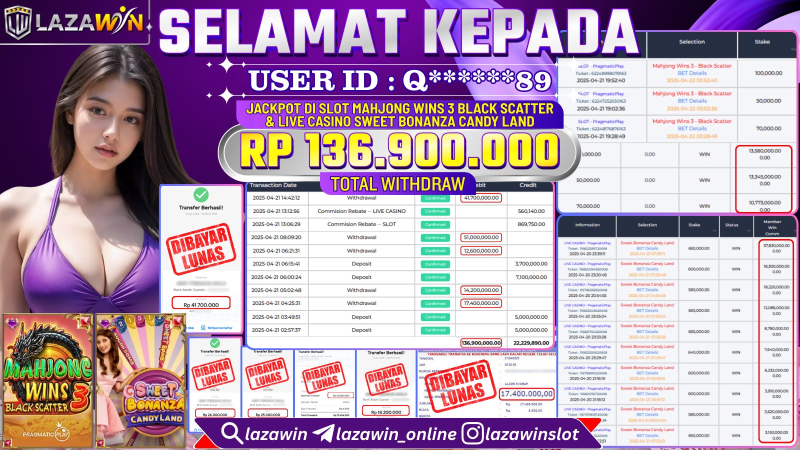 LAZAWIN MENANG di LIVE CASINO - SWEET BONANZA CANDY LAND & JACKPOT DI MAHJONG WINS 3 BLACK SCATTER Rp.136.900.000,- LUNAS
