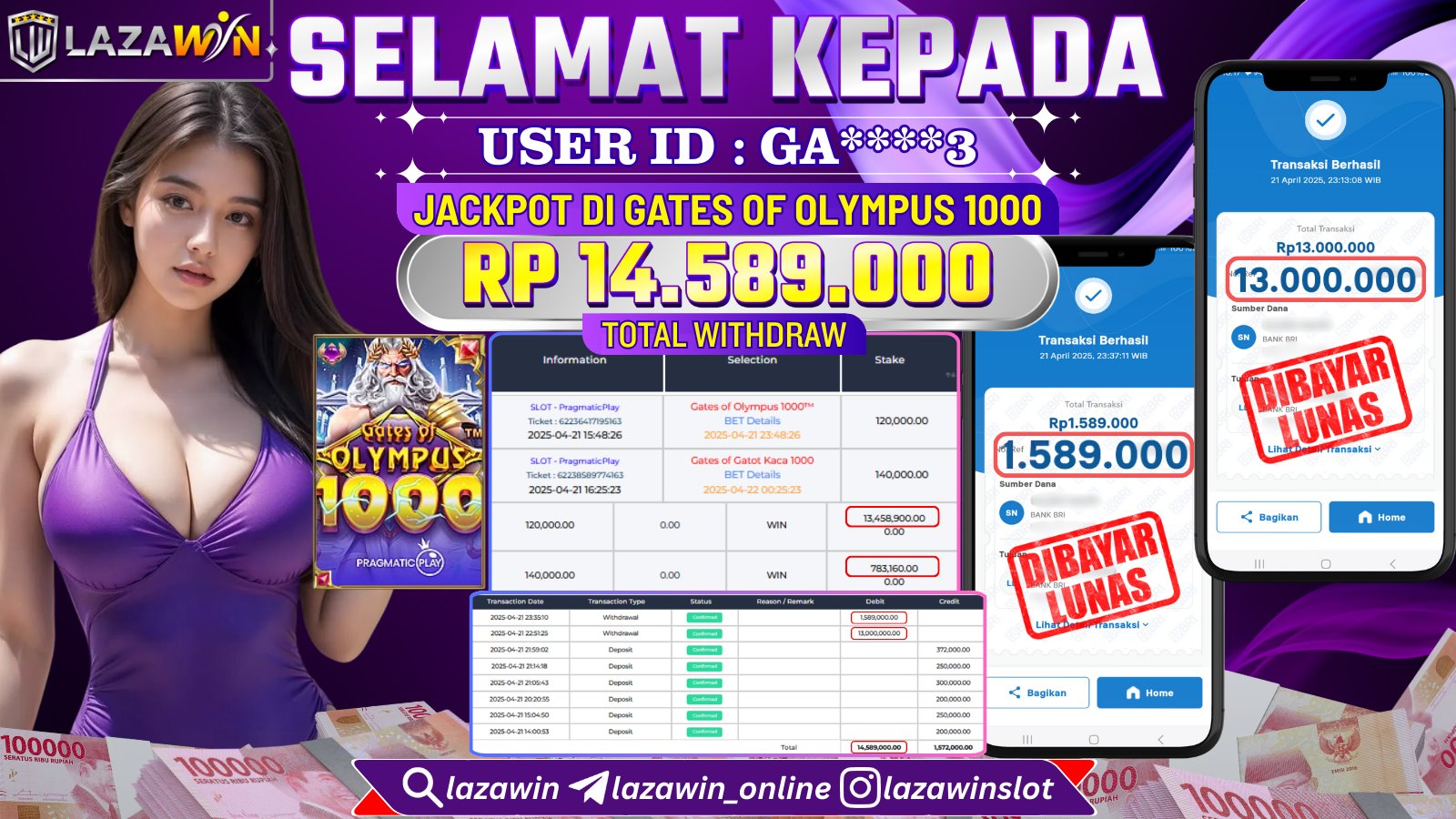 LAZAWIN JACKPOT di SLOT GATES OF OLYMPUS 1000 Rp.14.589.000,- LUNAS