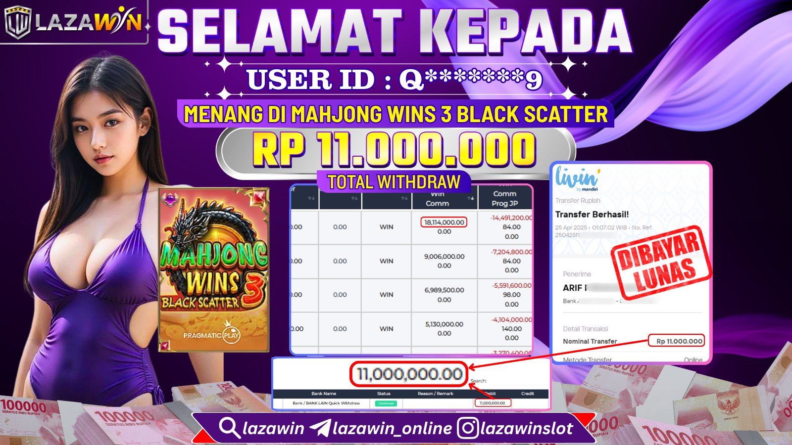 LAZAWIN JACKPOT SCATTER di SLOT MAHJONG WINS 3 Rp.11.000.000,- LUNAS