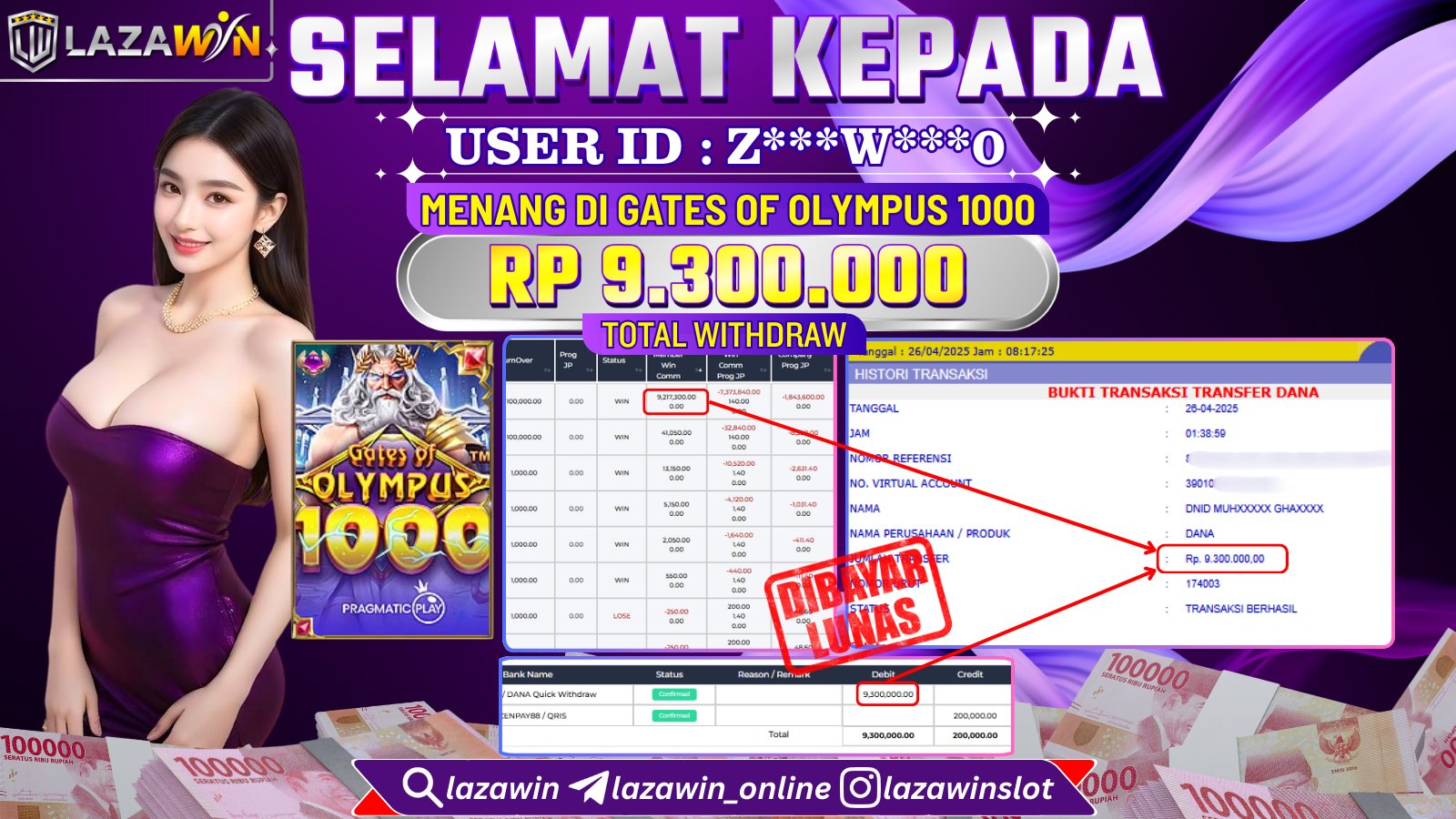 LAZAWIN JACKPOT SCATTER di GATES OF OLYMPUS 1000 Rp.9.300.000,- LUNAS