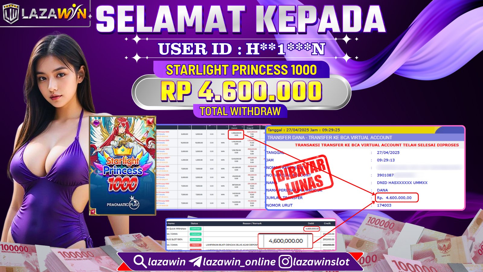LAZAWIN JACKPOT SCATTER di STARLIGHT PRINCESS 1000 Rp.4.600.000,- LUNAS