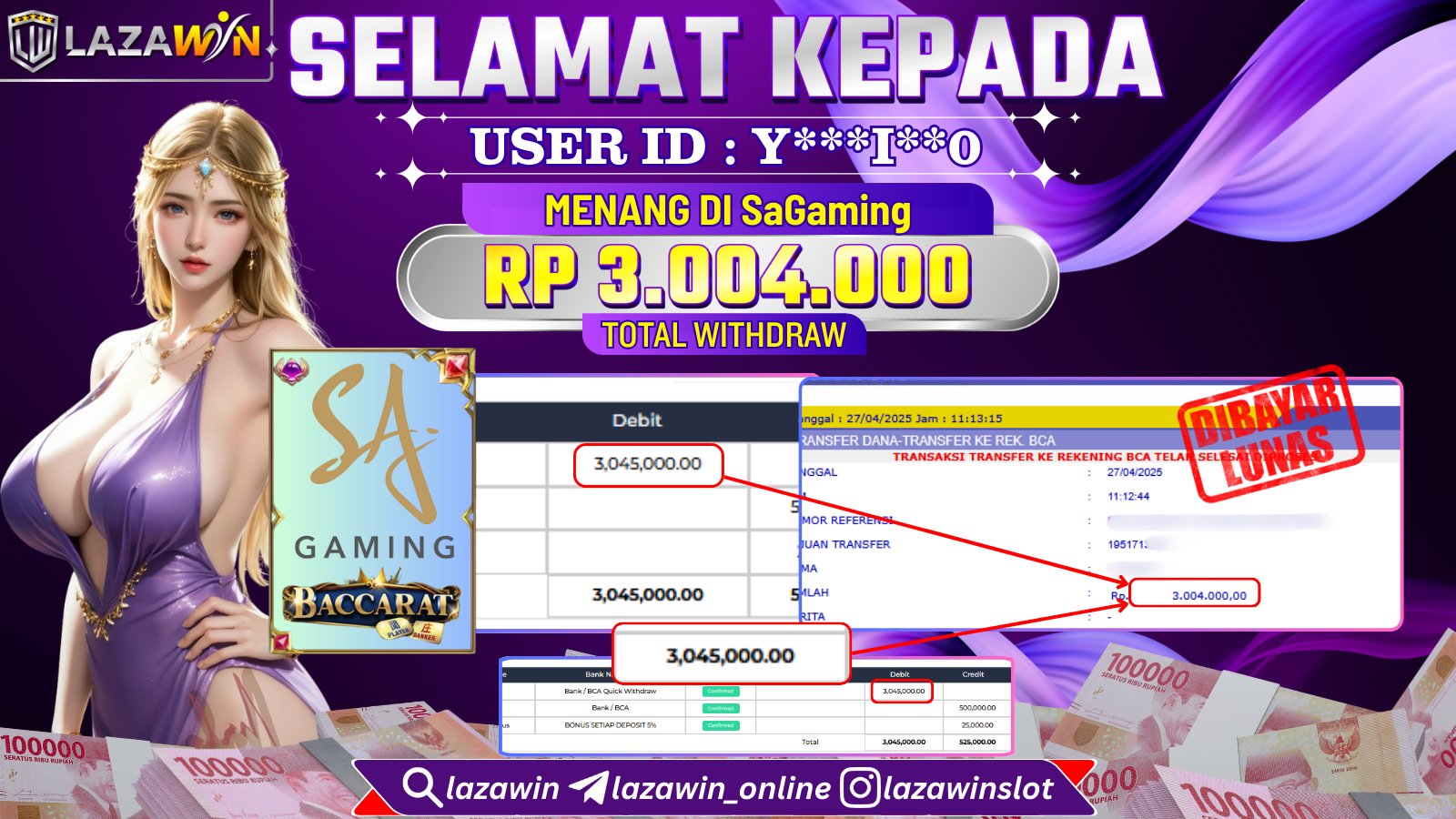 LAZAWIN MENANG di SA GAMING Rp.3.004.000,- LUNAS