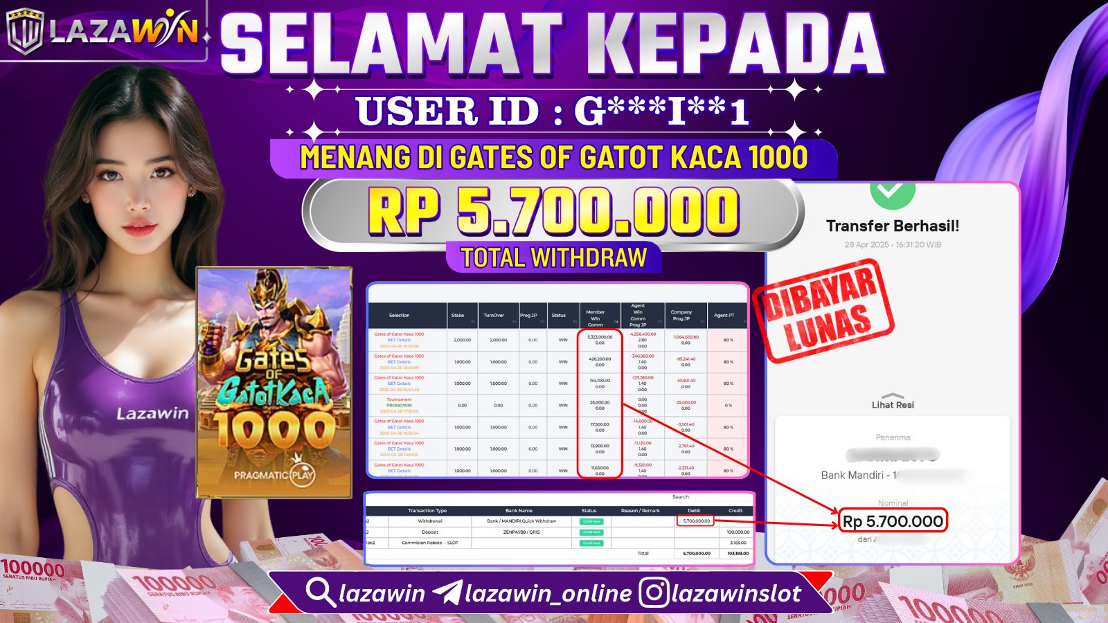 LAZAWIN JACKPOT SCATTER di GATES OF GATOT KACA 1000 Rp.5.700.000,- LUNAS