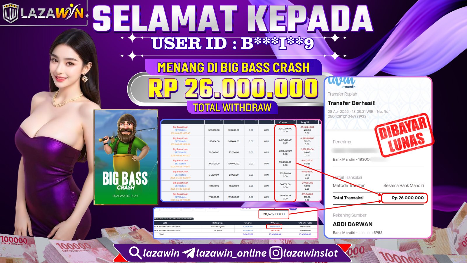 LAZAWIN MENANG di GATES OF BIG BASS CRASH Rp.26.000.000,- LUNAS