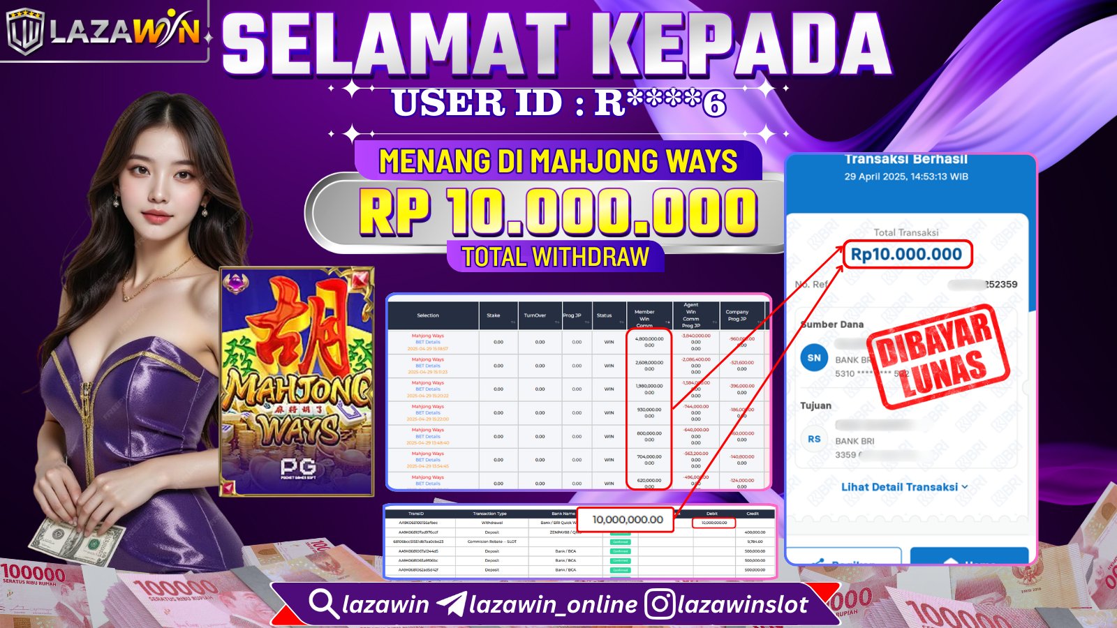 LAZAWIN MENANG di MAHJONG WAYS Rp.10.000.000,- LUNAS