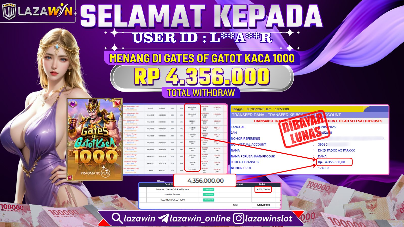 LAZAWIN JACKPOT di GATES OF GATOT KACA 1000 Rp.4.356.000,- LUNAS