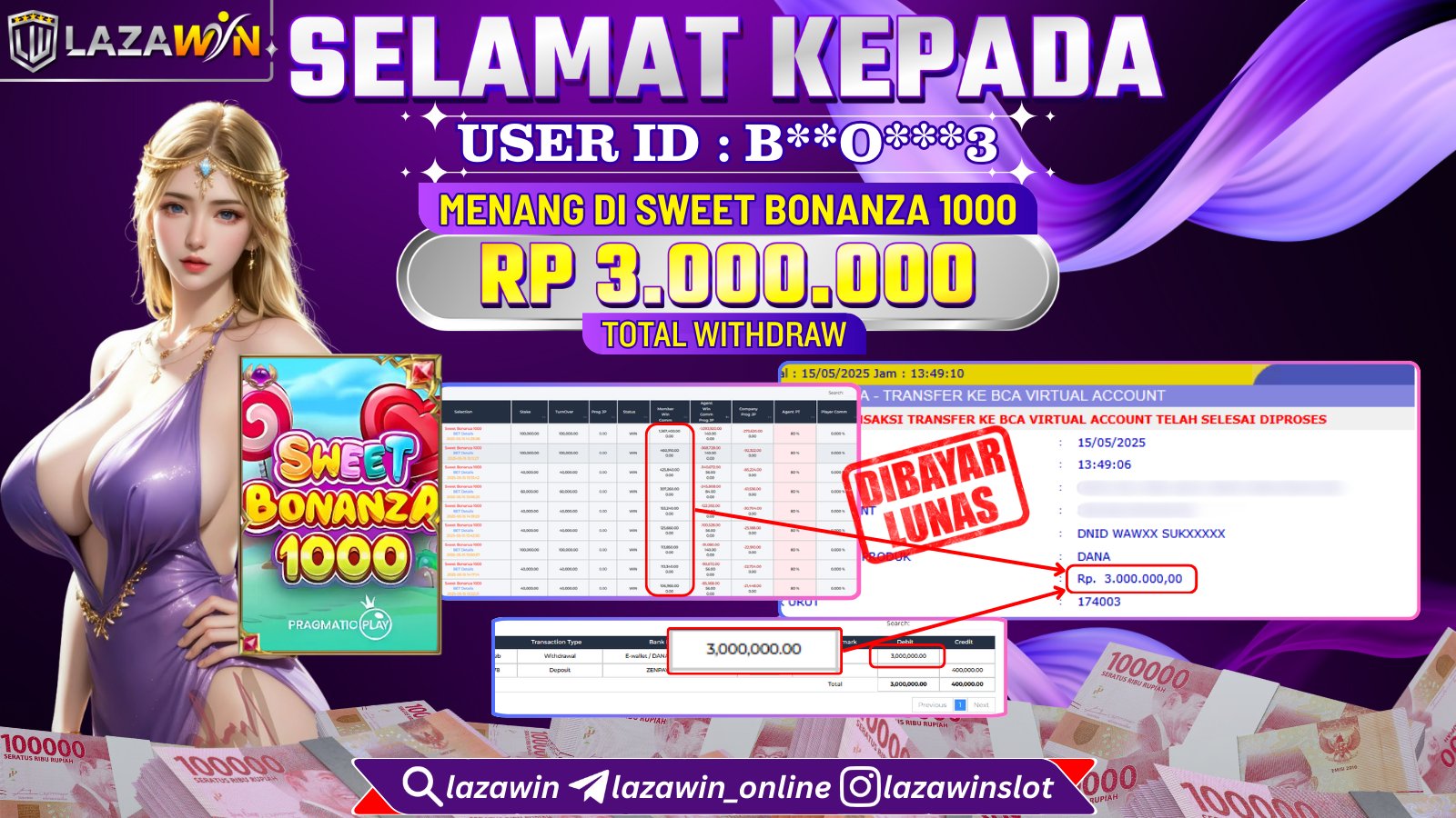 LAZAWIN JACKPOT di SWEET BONANZA 1000 Rp.3.000.000,- LUNAS