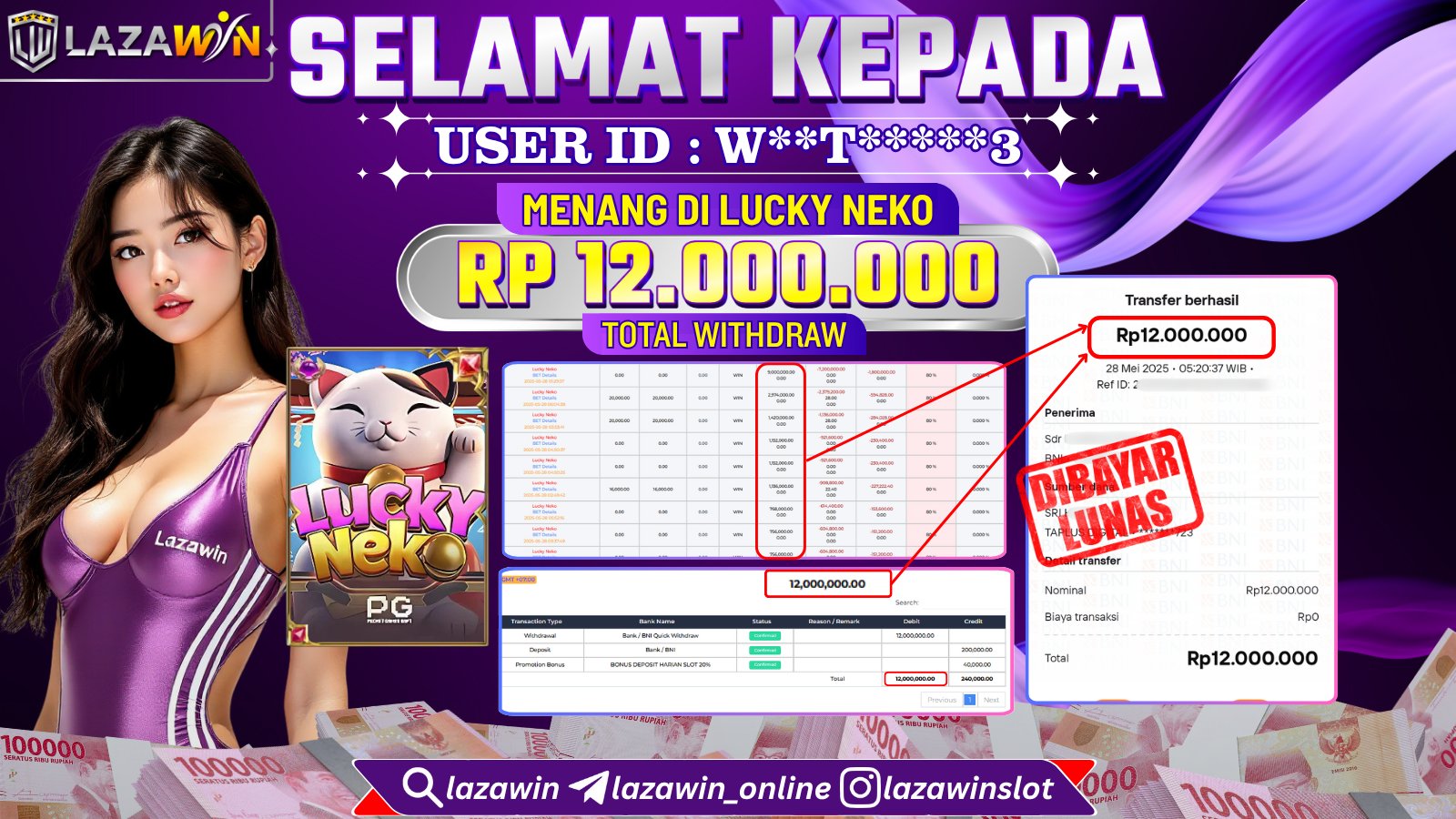 LAZAWIN JACKPOT di LUCKY NEKO Rp.12.000.000,- LUNAS