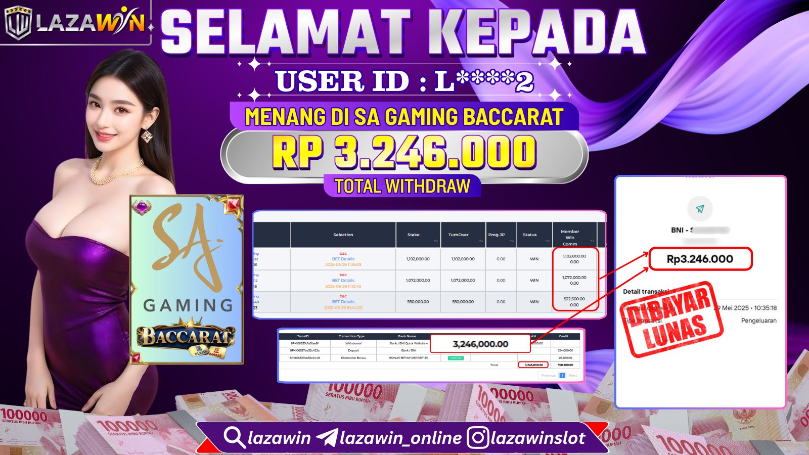 LAZAWIN JACKPOT di SA GAMING BACCARAT Rp.3.246.000,- LUNAS