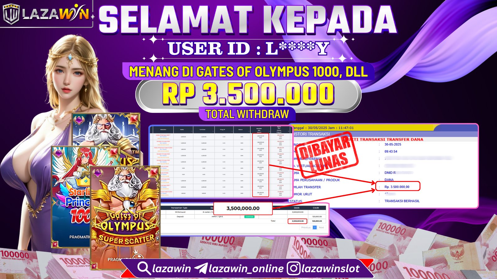 LAZAWIN JACKPOT di GATES OF OLYMPUS, DLL 1000 Rp.3.500.000,- LUNAS