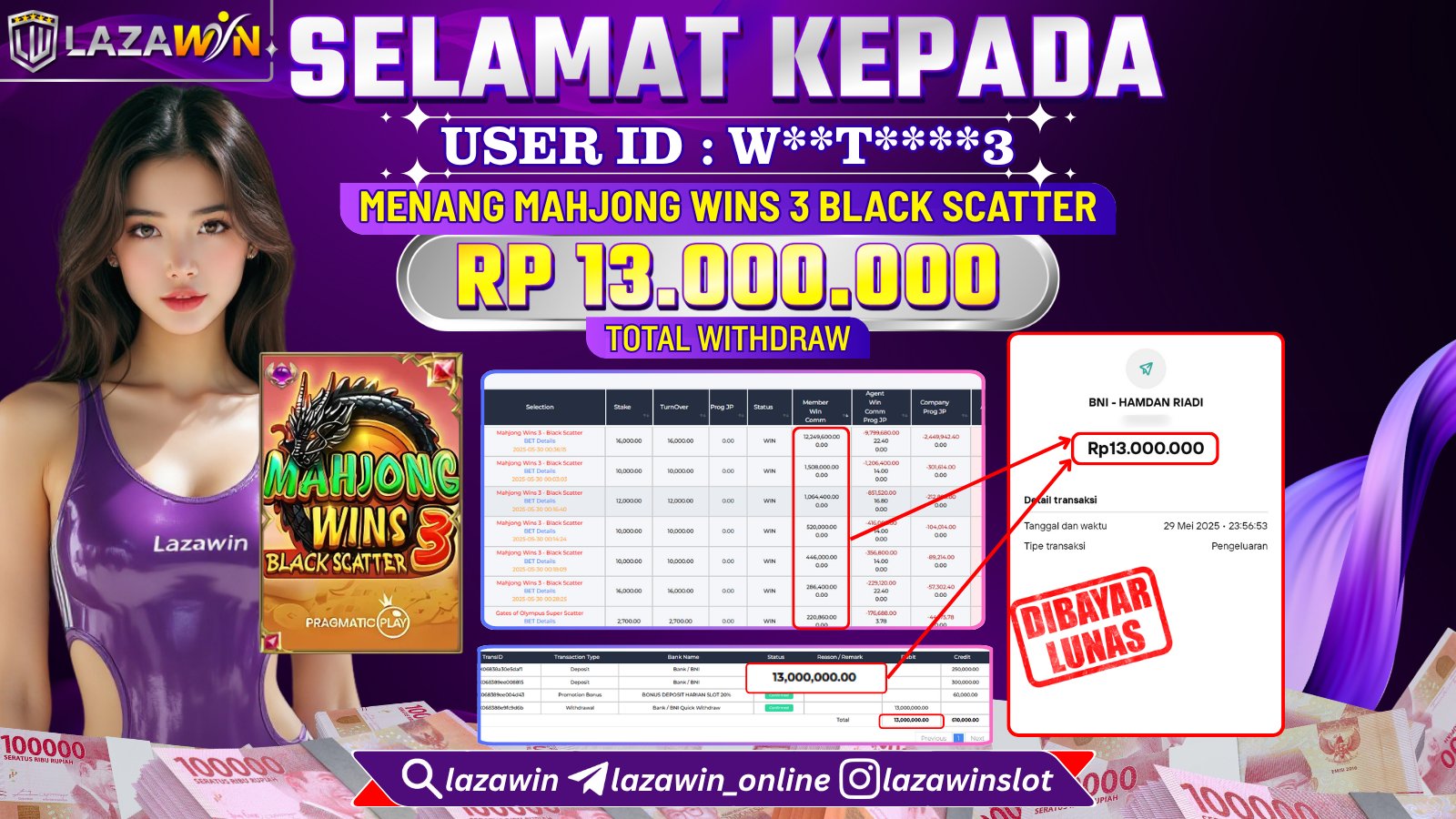 LAZAWIN JACKPOT di MAHJONG WINS 3 BLACK SCATTER Rp.13.000.000,- LUNAS