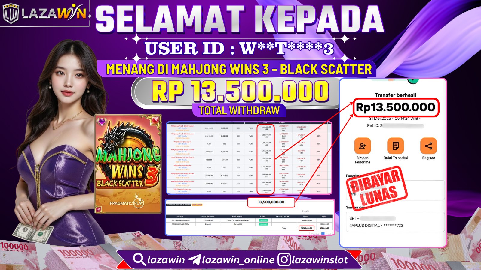 LAZAWIN JACKPOT di MAHJONG WINS 3 BLACK SCATTER Rp.13.500.000,- LUNAS