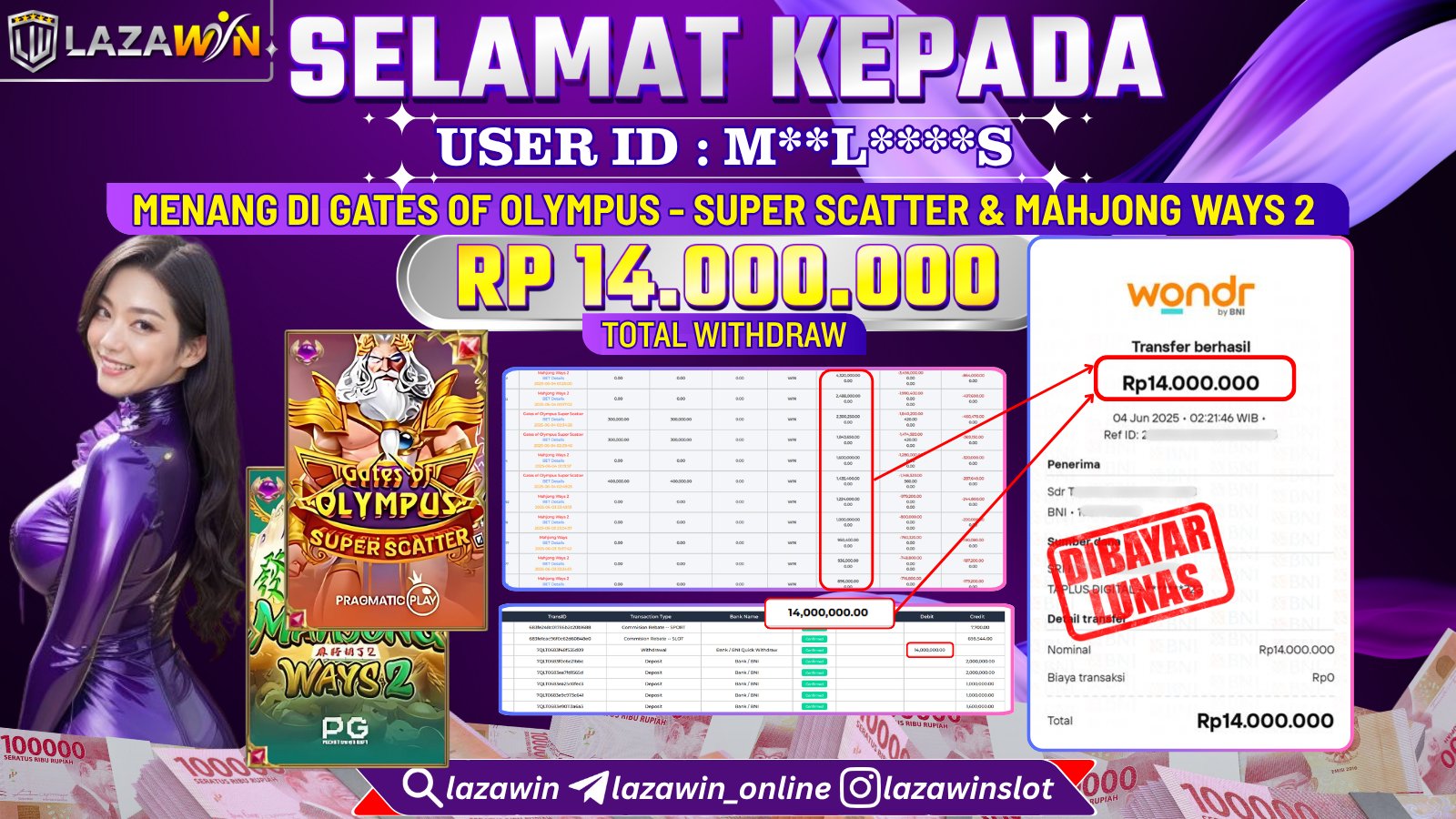 LAZAWIN JACKPOT di GATES OF OLYMPUS - SUPER SCATTER & MAHJONG WAYS 2 Rp.14.000.000,- LUNAS