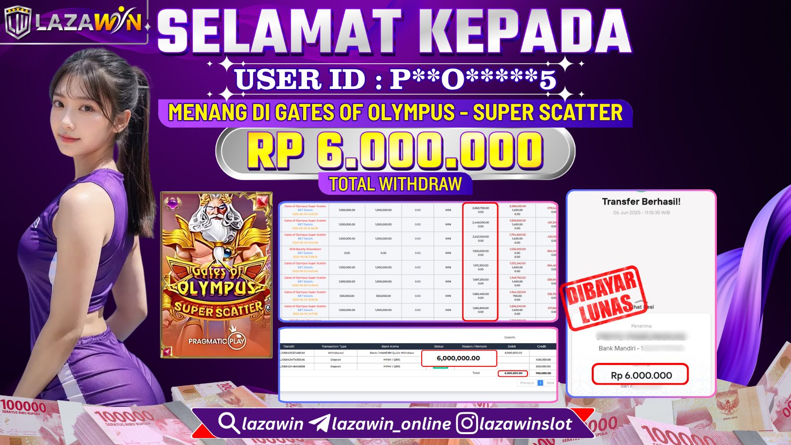 LAZAWIN JACKPOT di GATES OF OLYMPYUS - SUPER SCATTER Rp.6.000.000,- LUNAS