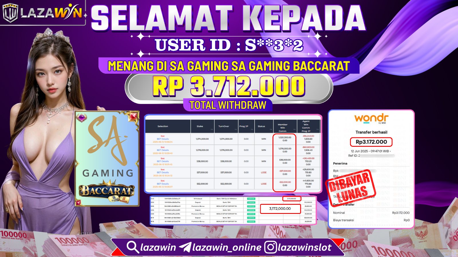 LAZAWIN JACKPOT di SA GAMING BACCARAT Rp.3.712.000,- LUNAS