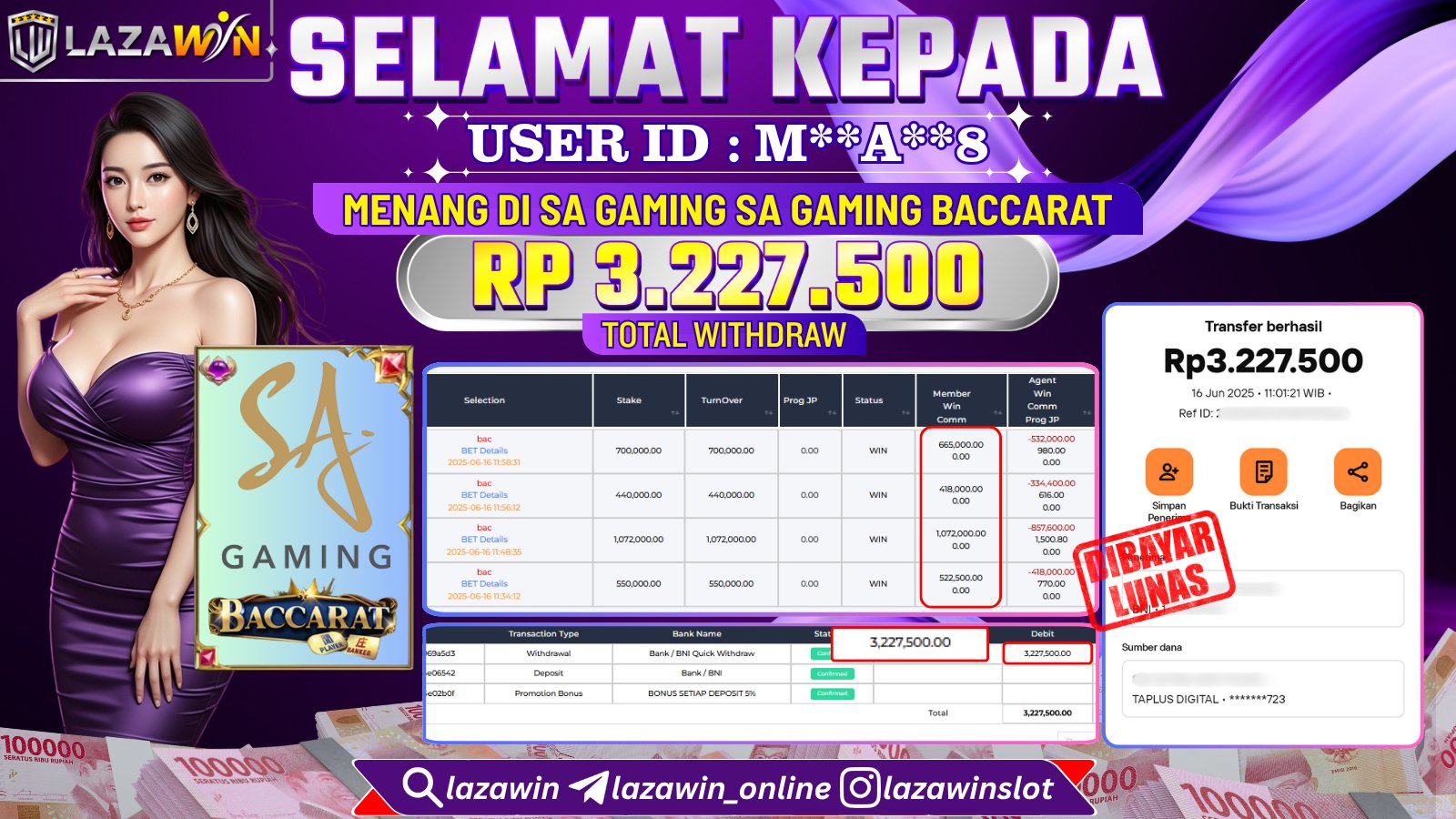 LAZAWIN JACKPOT di SA GAMING BACCARAT Rp.3.227.500,- LUNAS
