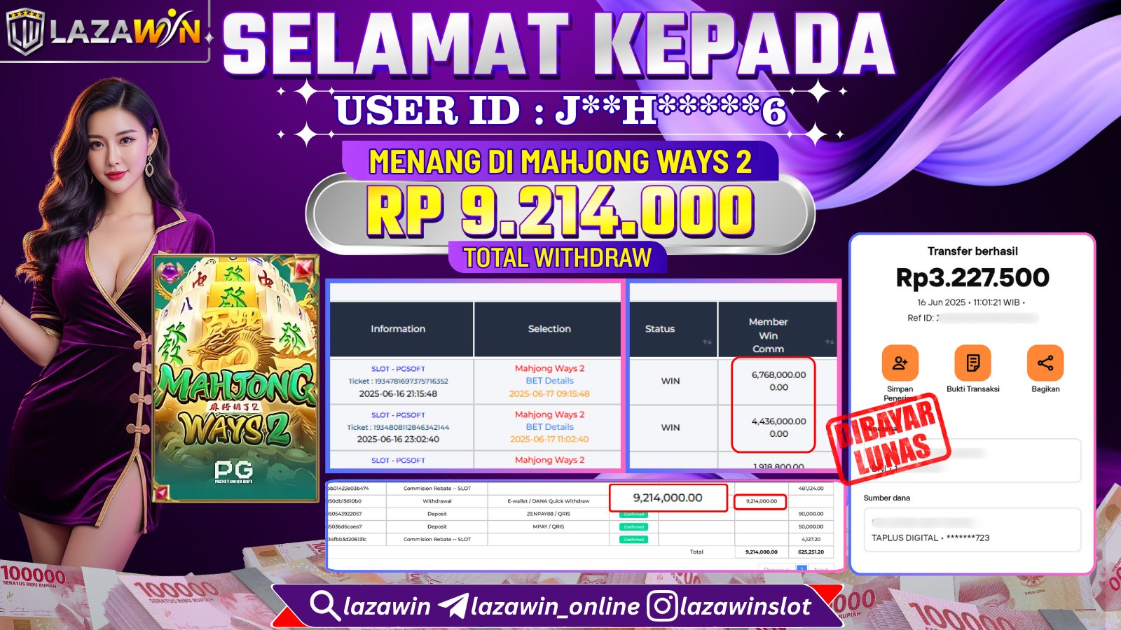 LAZAWIN JACKPOT di MAHJONG WAYS 2 Rp.9.214.000,- LUNAS