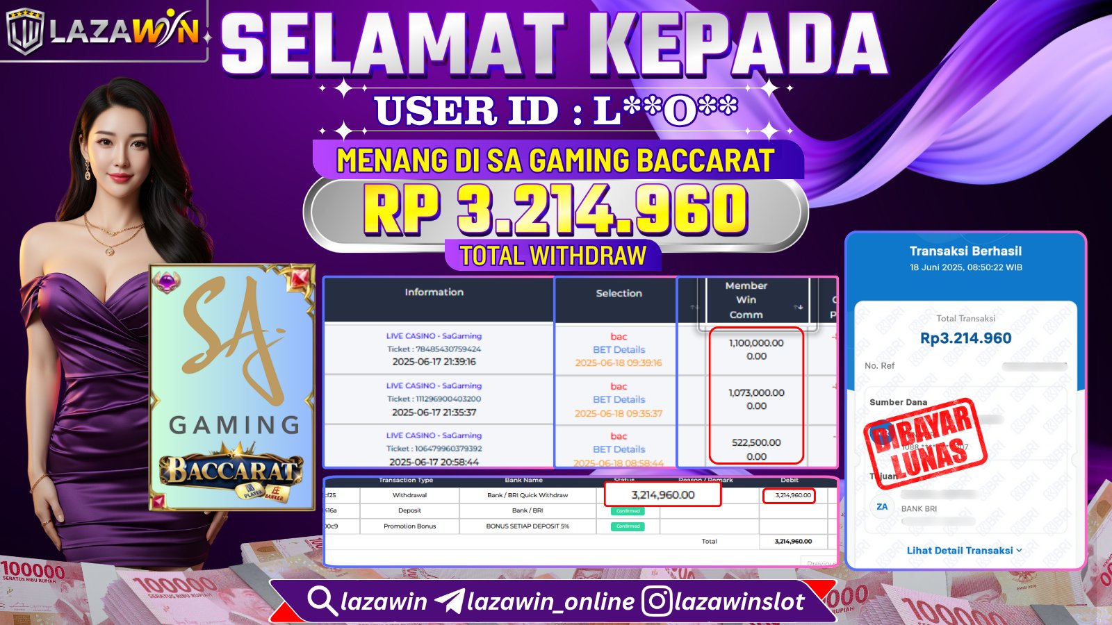LAZAWIN JACKPOT di SA GAMING BACCARAT Rp.3.214.960,- LUNAS