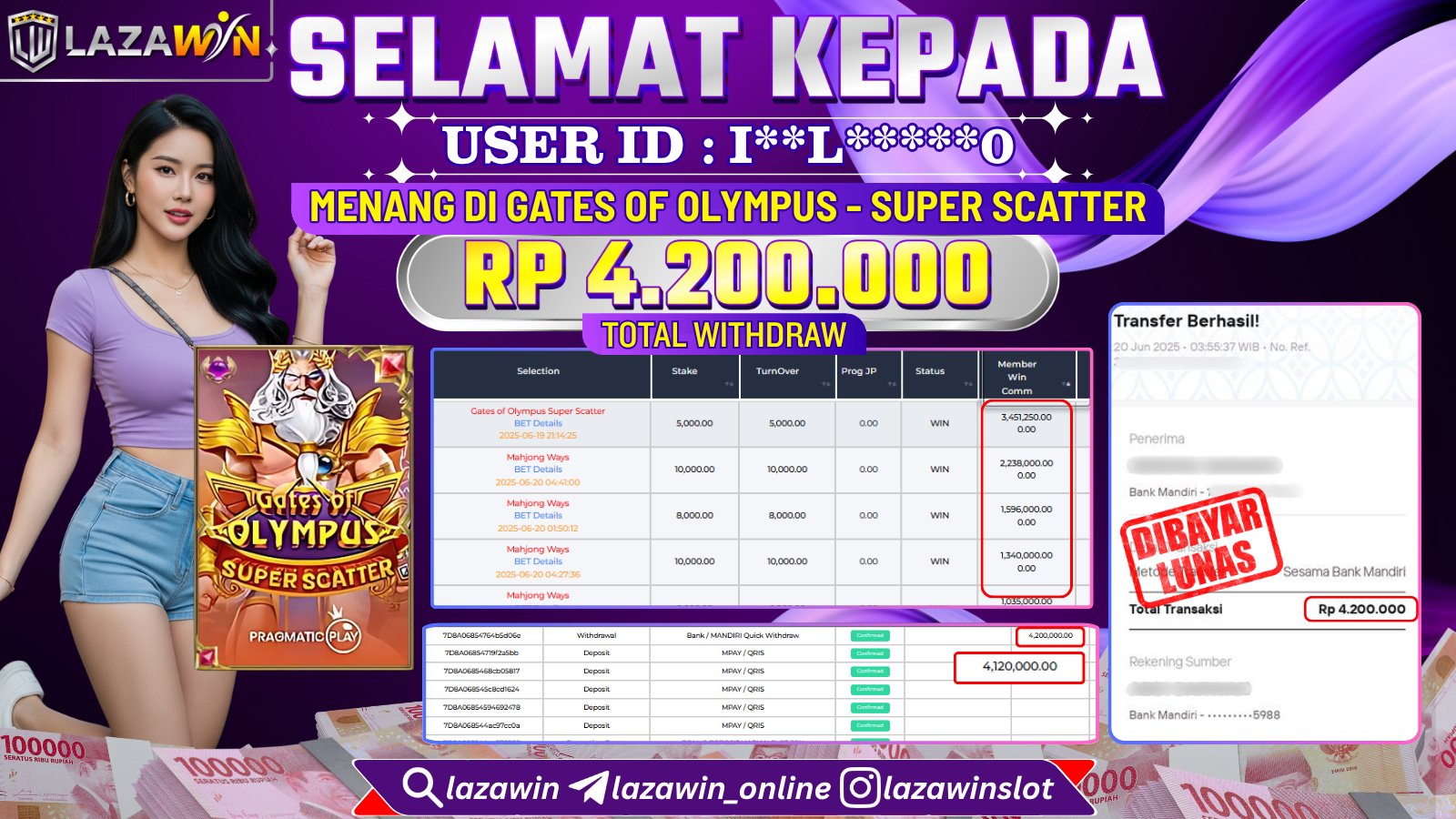 LAZAWIN JACKPOT di GATES OF OLYMPYUS - SUPER SCATTER Rp.4.200.000,- LUNAS