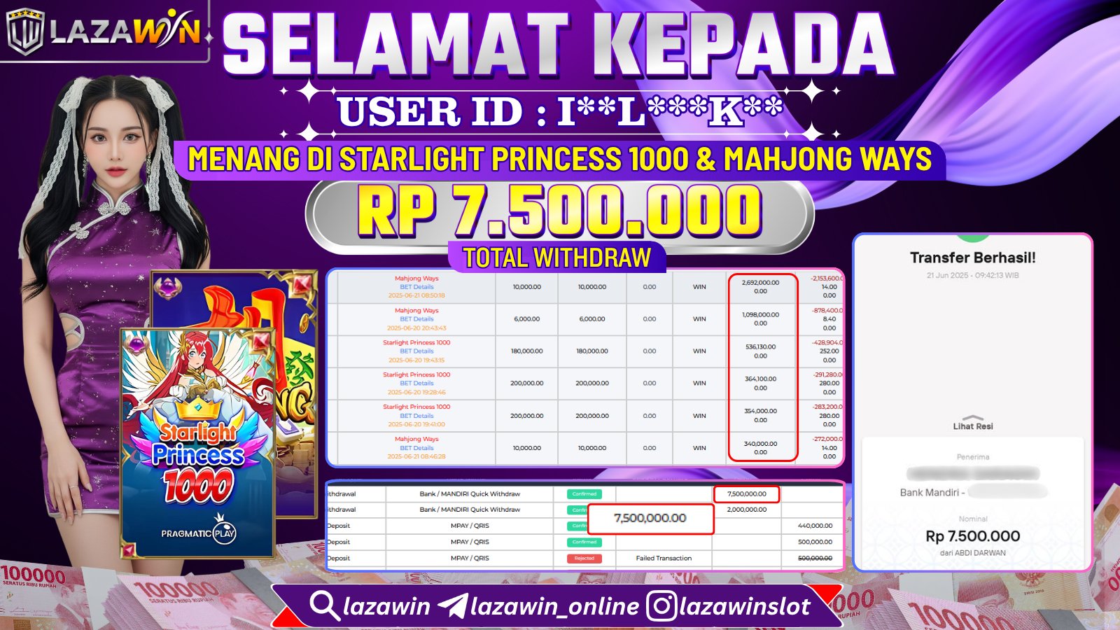 LAZAWIN JACKPOT di STARLIGHT PRINCESS 1000 & MAHJONG WAYS Rp.7.500.000,- LUNAS