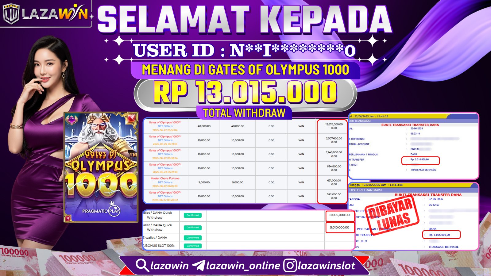 LAZAWIN JACKPOT di GATES OF OLYMPUS 1000 Rp.13.015.000,- LUNAS