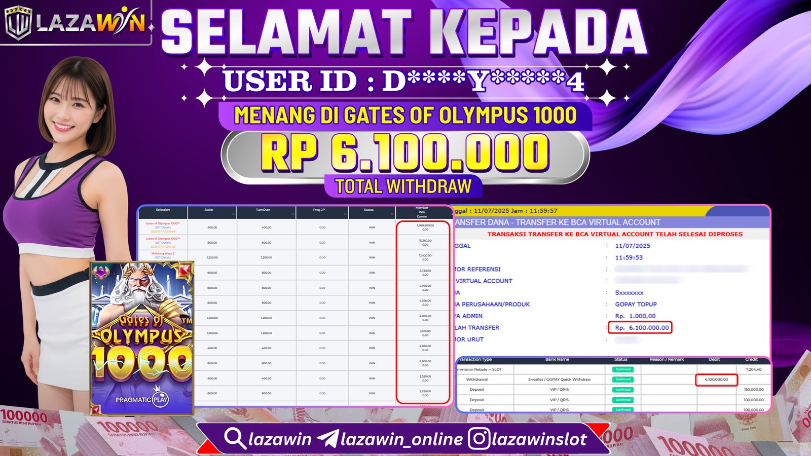LAZAWIN JACKPOT di GATES OF OLYMPUS 1000 Rp.6.100.000,- LUNAS