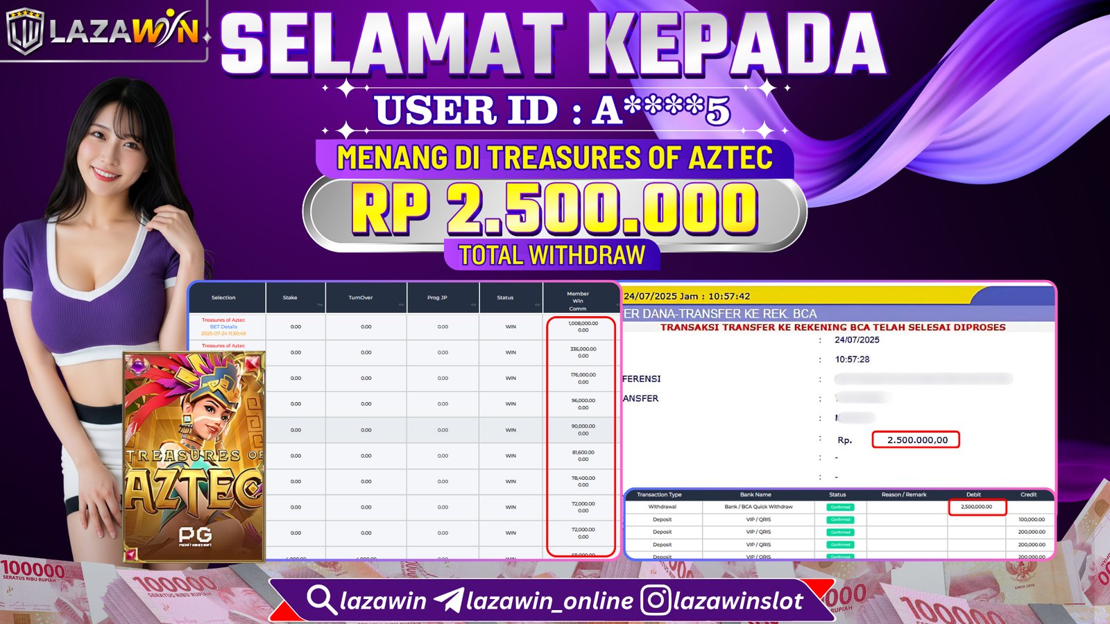 LAZAWIN JACKPOT di TREASURES OF AZTEC Rp.2.500.000,- LUNAS