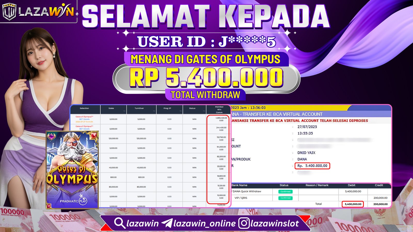 LAZAWIN JACKPOT di GATES OF OLYMPUS Rp.5.400.000,- LUNAS